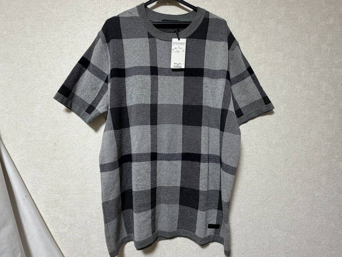 BLACK LABEL CRESTBRIDGE ブラックレーベル サイズ L メンズ 半袖ニット クルーネック グレー×ブラック チェック 