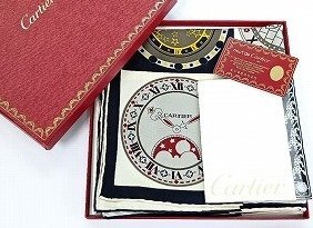 A208【美品】 Cartier カルティエ シルク スカーフ 時計デザイン 約85x85cm 箱付き 現状品 新宿◎