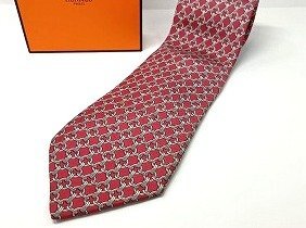 A091 HERMES エルメス チェーン模様 シルク ネクタイ 現状品 新宿◎