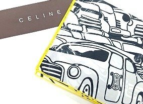 A131【未使用】 CELINE セリーヌ ハンカチ 車イラスト 約45.5ｘ46.5cm 現状品 新宿◎