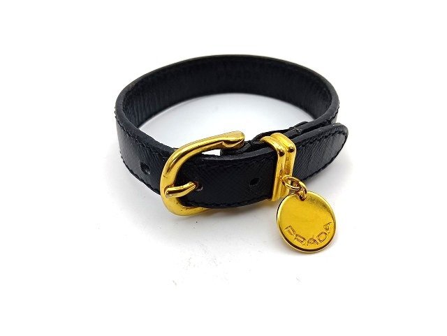 A271 PRADA プラダ レザー ブレスレット バングル ブラックｘゴールド 現状品 新宿◎