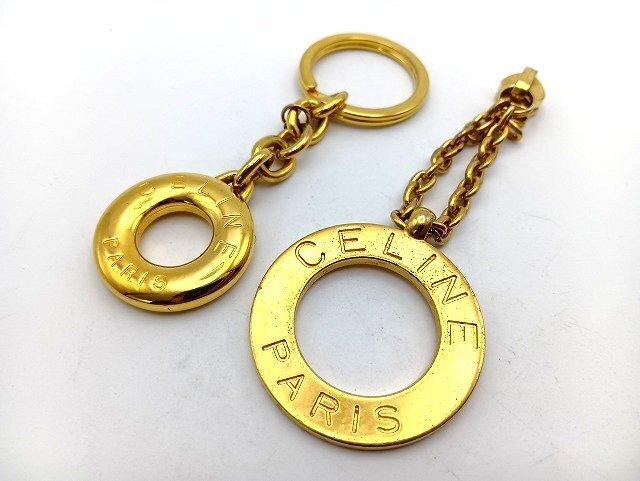 A272 CELINE セリーヌ ロゴ チャーム キーリング ゴールドカラー セット 現状品 新宿◎