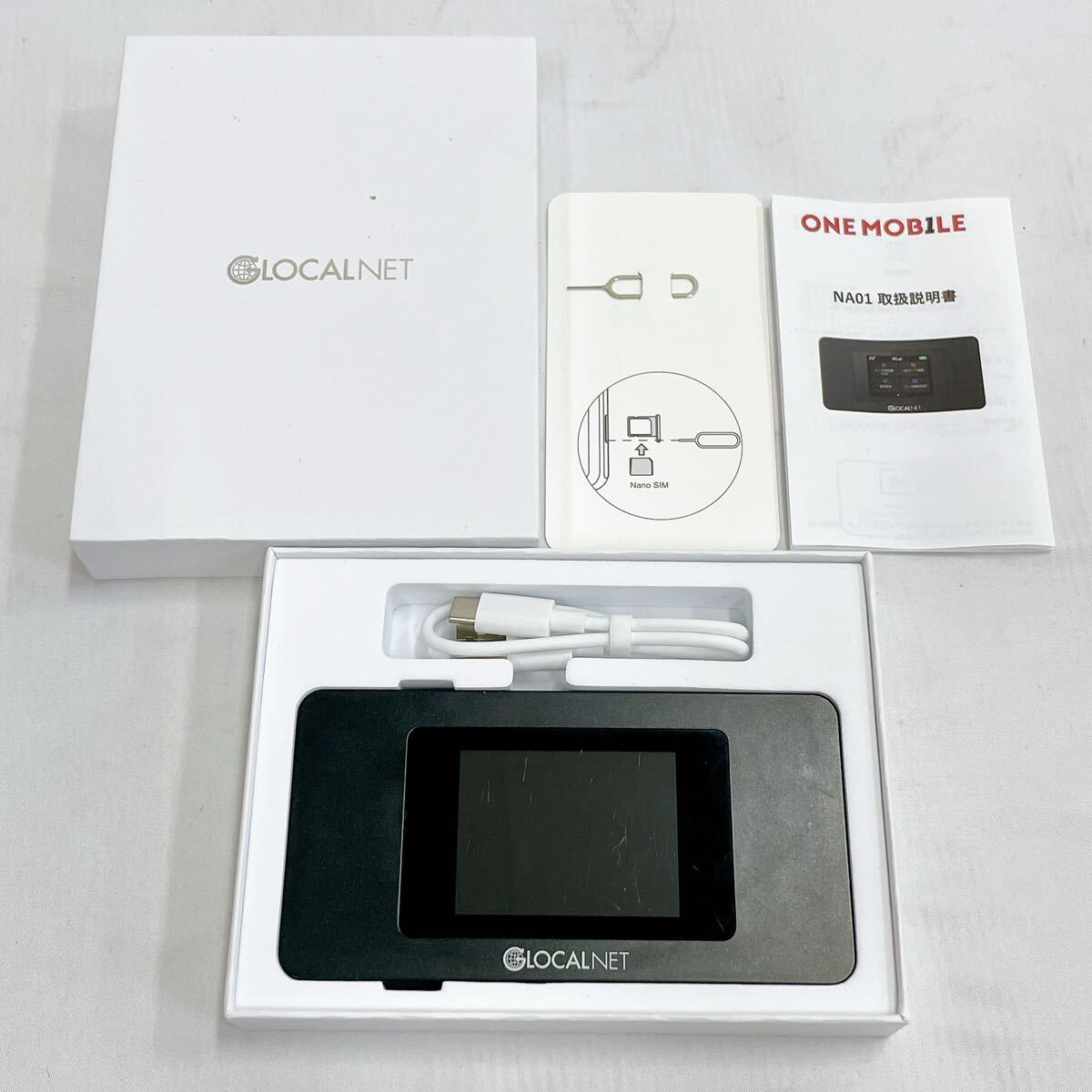 07008 動作品 GLOCALNET NA01 モバイルWi-Fiルーター ポケットWi-Fi 4G LTE 画面付き 付属品完備 箱 取説 SIMピン ケーブル