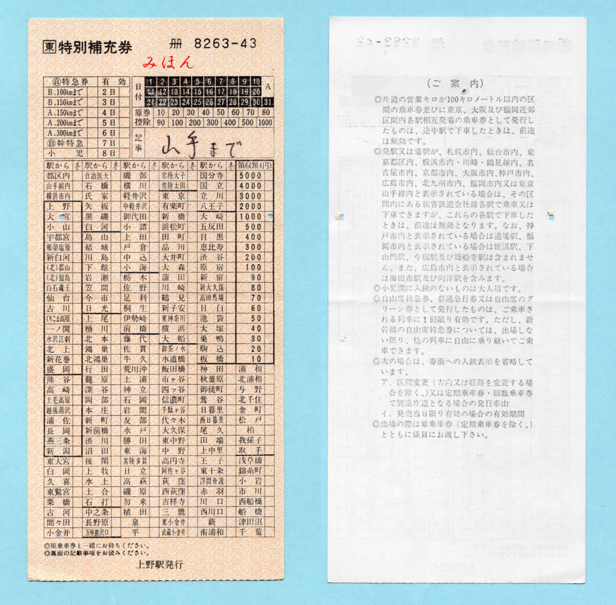 JR東・特別補充券　上野駅発行　山手まで