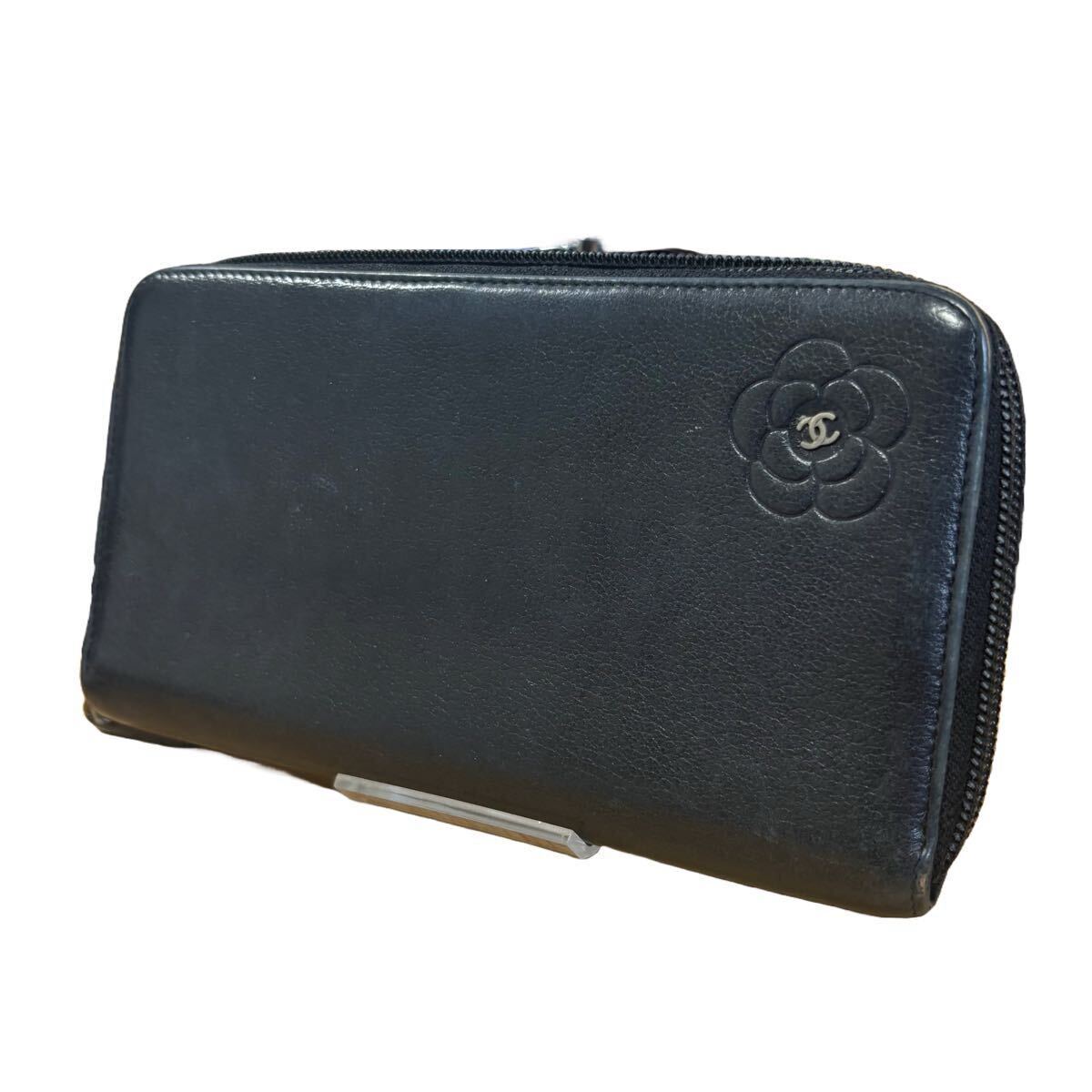 1円 シャネル CHANEL 長財布 カメリア 花 ラウンドファスナー ラウンドジップ ココマーク レザー 黒 ブラック ロゴ