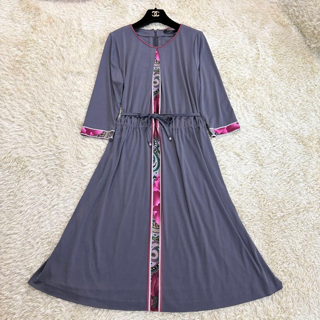 極美品 レオナール LEONARD カンカン素材 花柄 ロングワンピース 42 L トリム　フラワープリント ストレッチ グレー ドローコード 