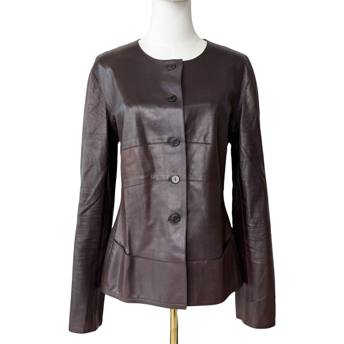 CHANEL 1999 Vintage レザージャケット ラム 希少サイズ44 ロゴボタン シャネル ヴィンテージ ノーカラージャケット 羊革 ブラウン
