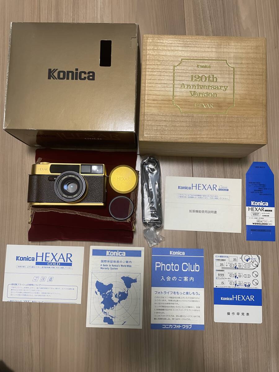 Konica HEXER GOLD 120周年記念 特別限定品 35mm フィルムカメラ 木箱 取扱説明書 ストラップ その他付き