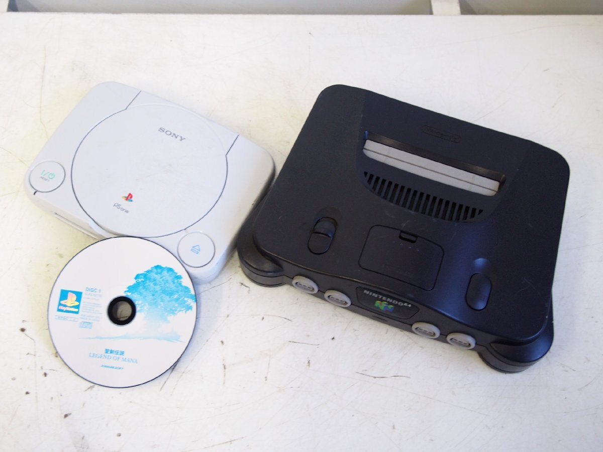 ☆【1T0731-16α5】SONY Nintendo ソニー ニンテンドー PlayStation one/64 SCPH-100/NUS-001 聖剣伝説LEGENDOFMANA付 本体のみ2台ジャンク
