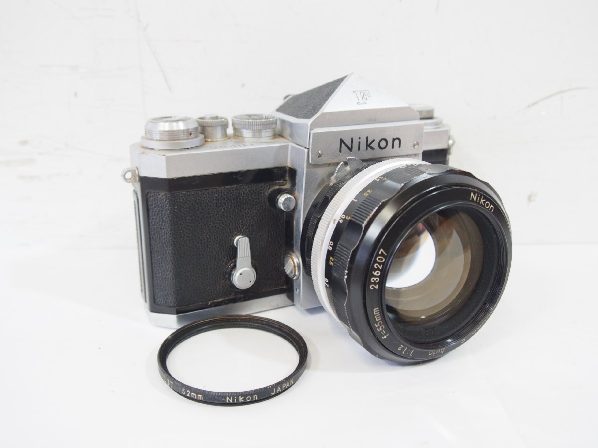 ☆【2T0724-10】 Nikon ニコン フィルムカメラ F フィルター L37 52mm付 一眼レフ NIKKOR-S Auto 1:1.2 f=55mm ジャンク