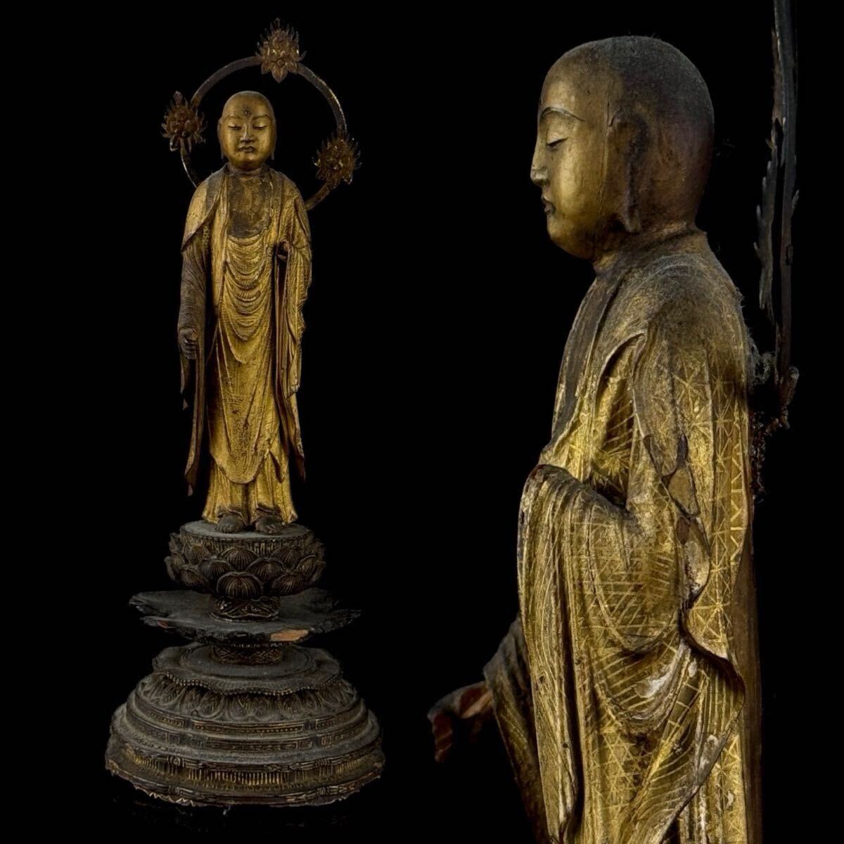 江戸期 仏教美術 木彫 金彩 地蔵菩薩 立像 高さ19.5㎝ 仏像 時代品 【5c07266 2/3 4】e
