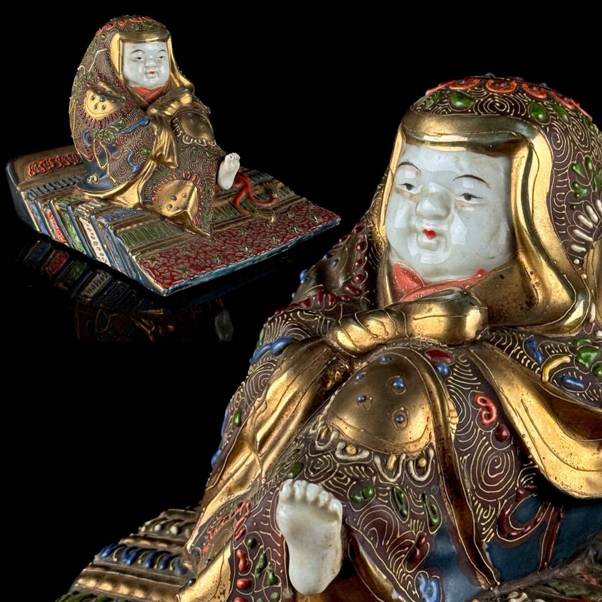 日本美術 薩摩焼 金彩色 「鎧八幡」 置物 高さ12㎝ 七福神 神像 仏像 細密絵付 時代品 元箱 【3c0728h7 8】b