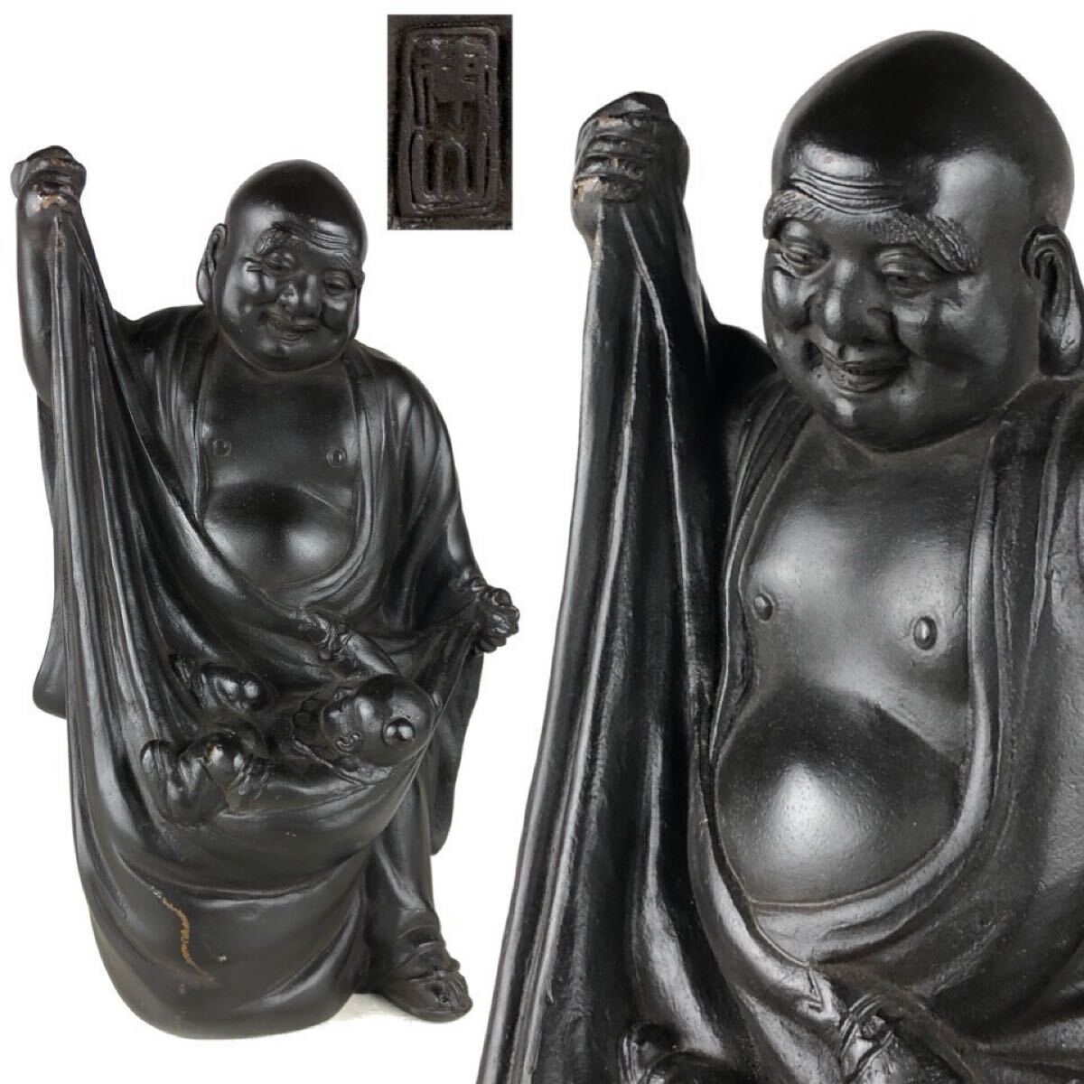 金工美術 東京銅器 銅製 布袋 立像 高さ30㎝ 在銘 唐子 七福神 仏像 銅器 置物 【1c07304 1】a