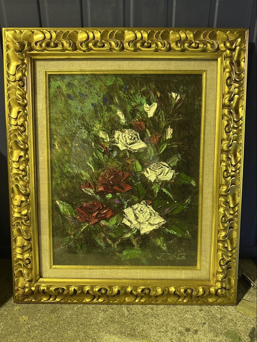 GA970 薔薇　油彩画　金色アンティーク調額縁　横約49cm縦約58.5cmばら　赤　白　カルチャー　美術品　　絵画　油彩　
