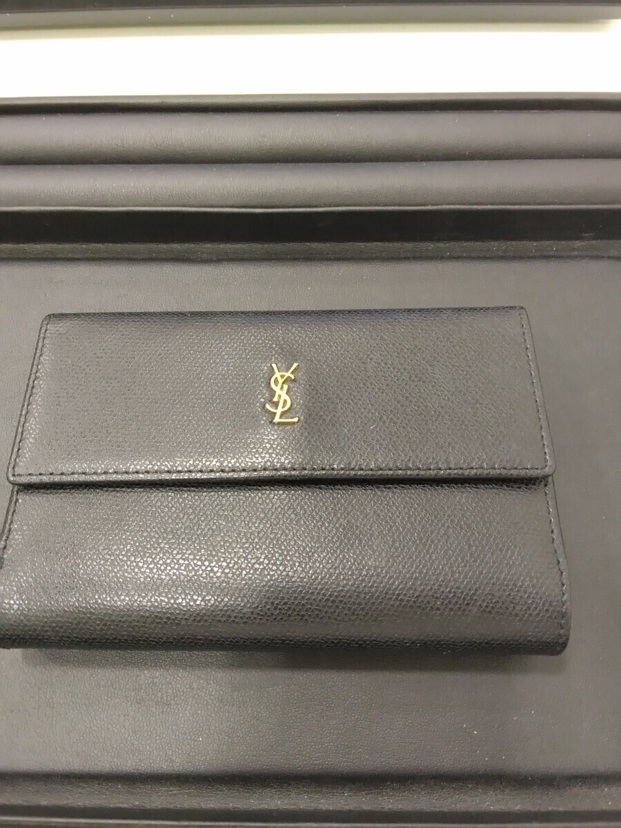Yves SAINT LAURENT イヴサンローラン レザー がま口 財布 YSL YSLロゴ ブラック YM025-629 中古品 現状品