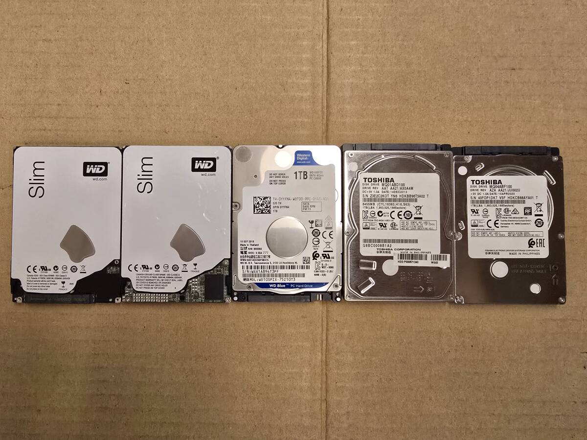 HDD 2.5インチ 1TB 5個 まとめ TOSHIBA WesternDigital 正常判定 使用時間少 ほぼ新品あり