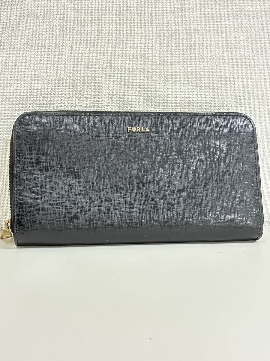 1円スタート　FURLA フルラ ラウンドファスナー長財布 ブラック レザー