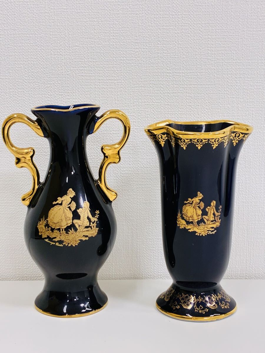 1円スタート　Limoges Castel リモージュ・カステル コバルトブルー 22K金彩 花瓶 2点セット LIMOGES CASTEL