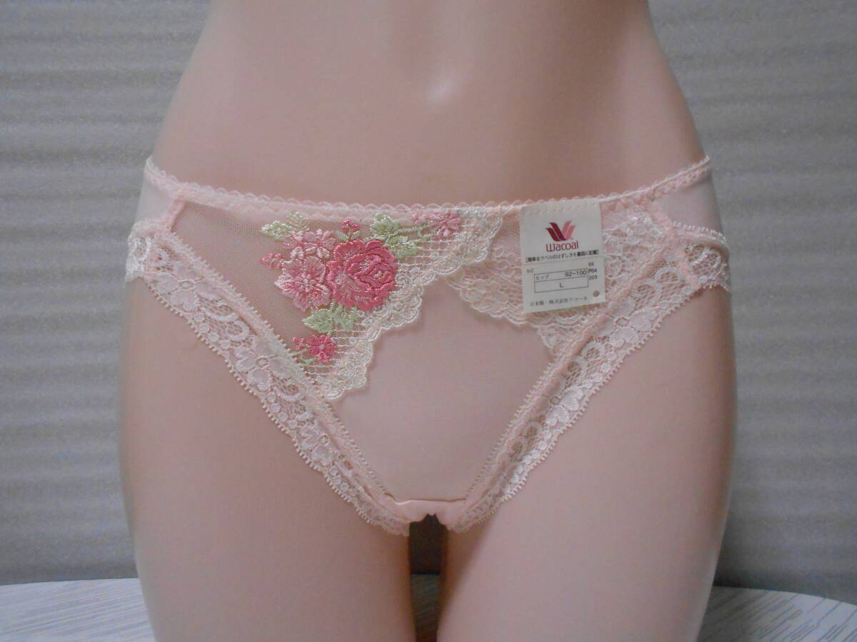 33)ワコール(日本製)_サイドゴールド透け薔薇刺繍(裏打ち無し)_脚口ストレッチレース_フロントキラキラ_バックしっとり薄ツルパンティL