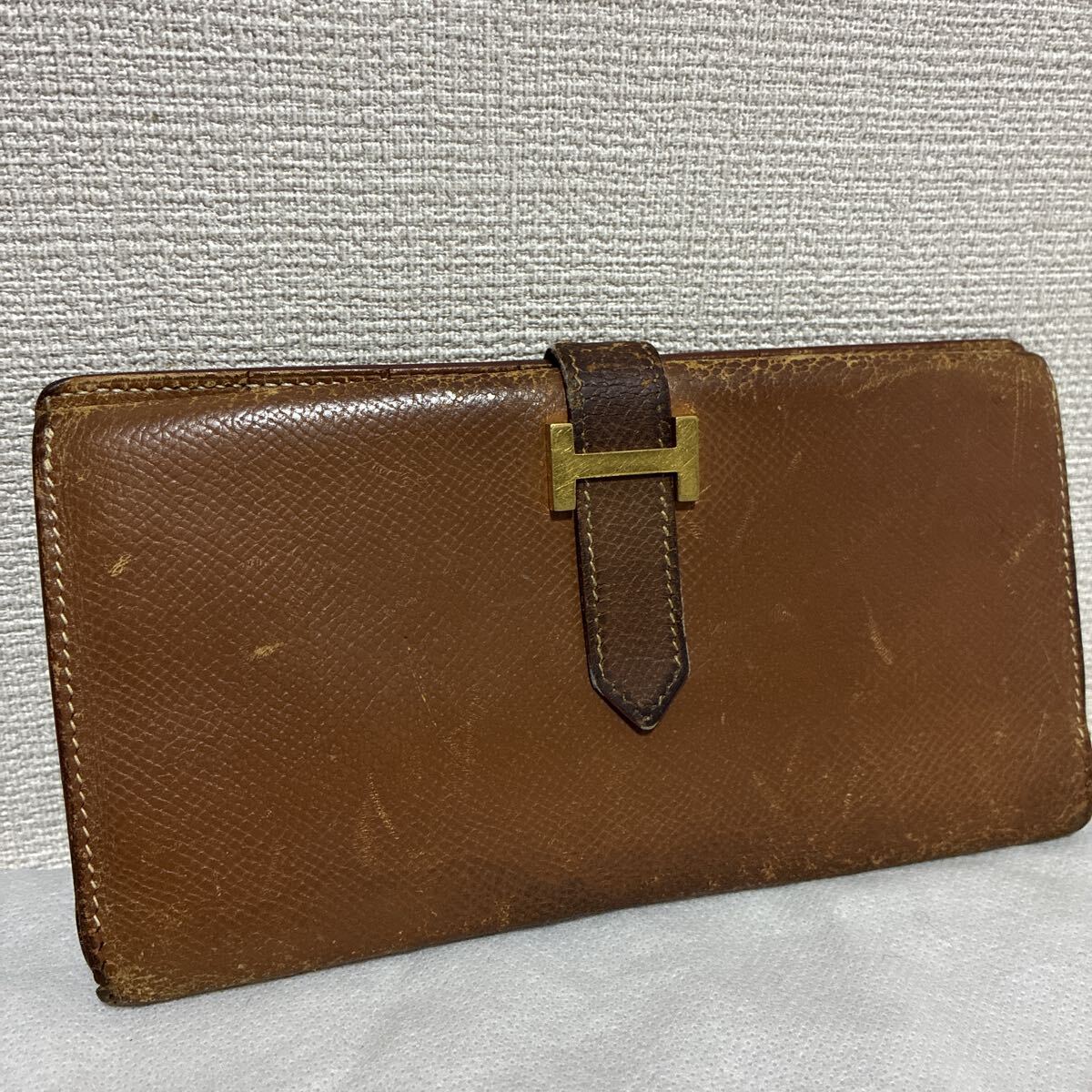 HERMES エルメス 長財布 二つ折り ベアン レザー ブラウン H金具 シリアルあり