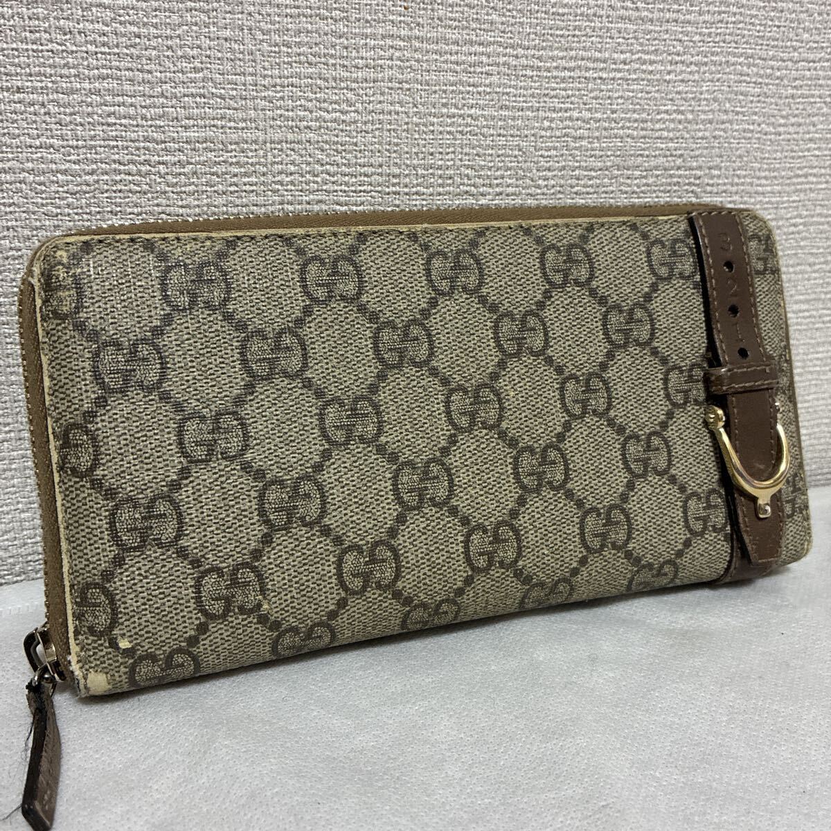 GUCCI グッチ ラウンドファスナー 長財布 GGスプリーム PVC レザー ベージュ ベルト シリアルあり