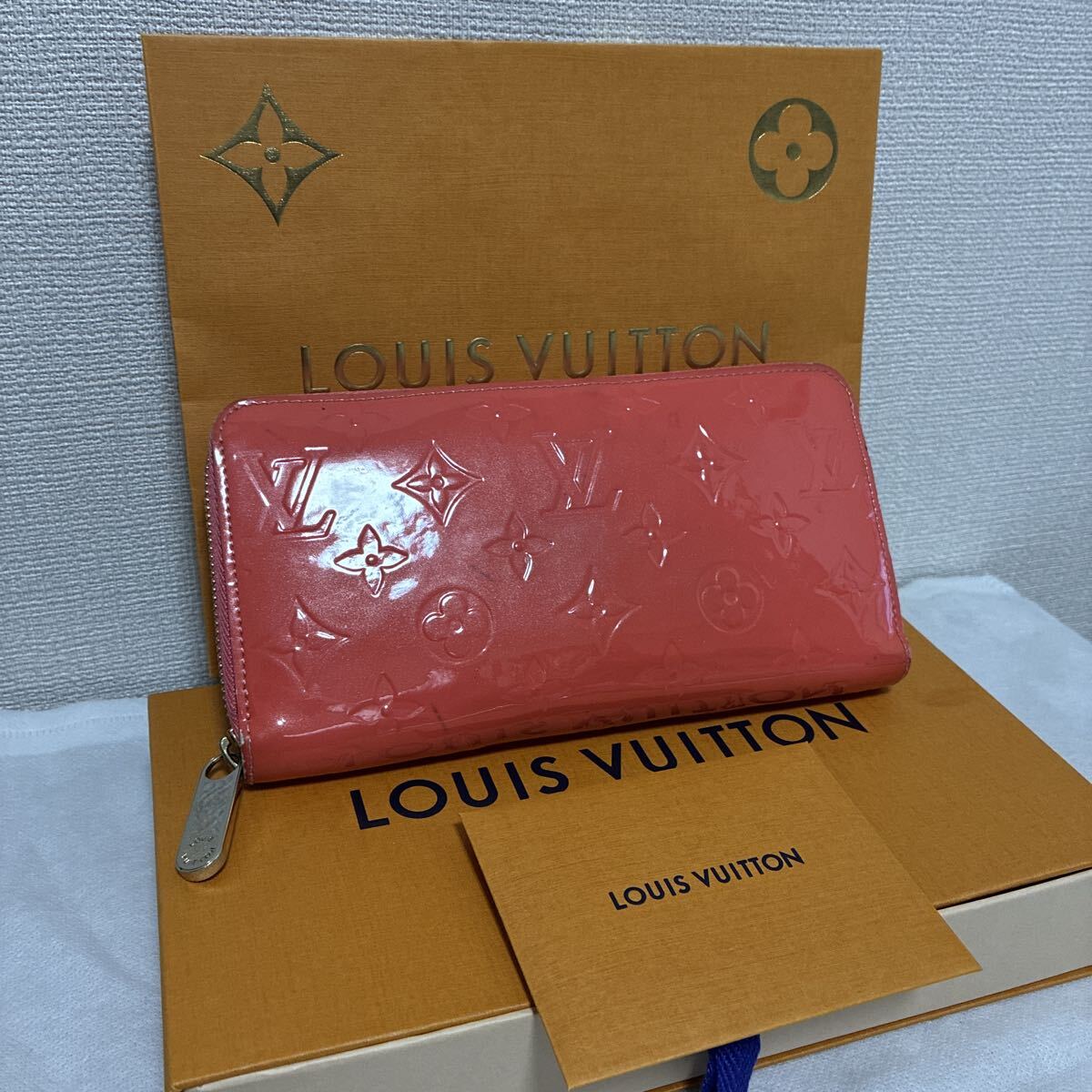LOUIS VUITTON ルイヴィトン ジッピーウォレット ラウンドファスナー 長財布 ヴェルニ モノグラム オレンジ ピンク 付属品 シリアルあり