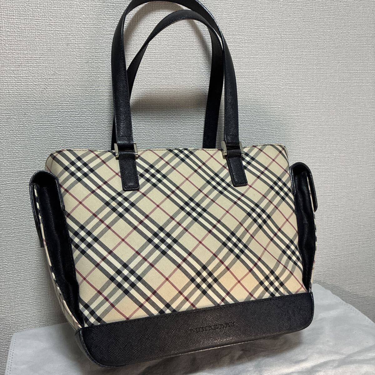 【良品】 BURBERRY バーバリー ハンドバッグ トートバッグ ノバチェック キャンバス レザー ベージュ ロゴプレート