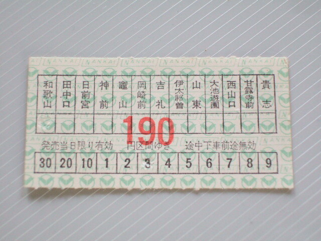 《 貴志川線 乗車券 》 南海電鉄 190円 // 軟券 昭和時代 コレクション用