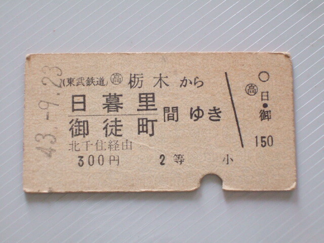 《 東武鉄道 乗車券 》 栃木 から 日暮里・御徒町 ゆき 北千住 経由 2等 // 硬券 昭和43年 コレクション用