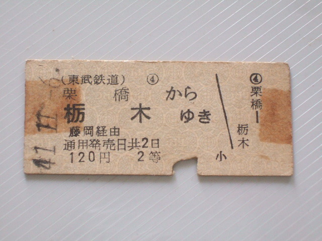 《 東武鉄道 乗車券 》栗橋 から 栃木 ゆき 藤岡 経由 2等 // 硬券 昭和41年 コレクション用