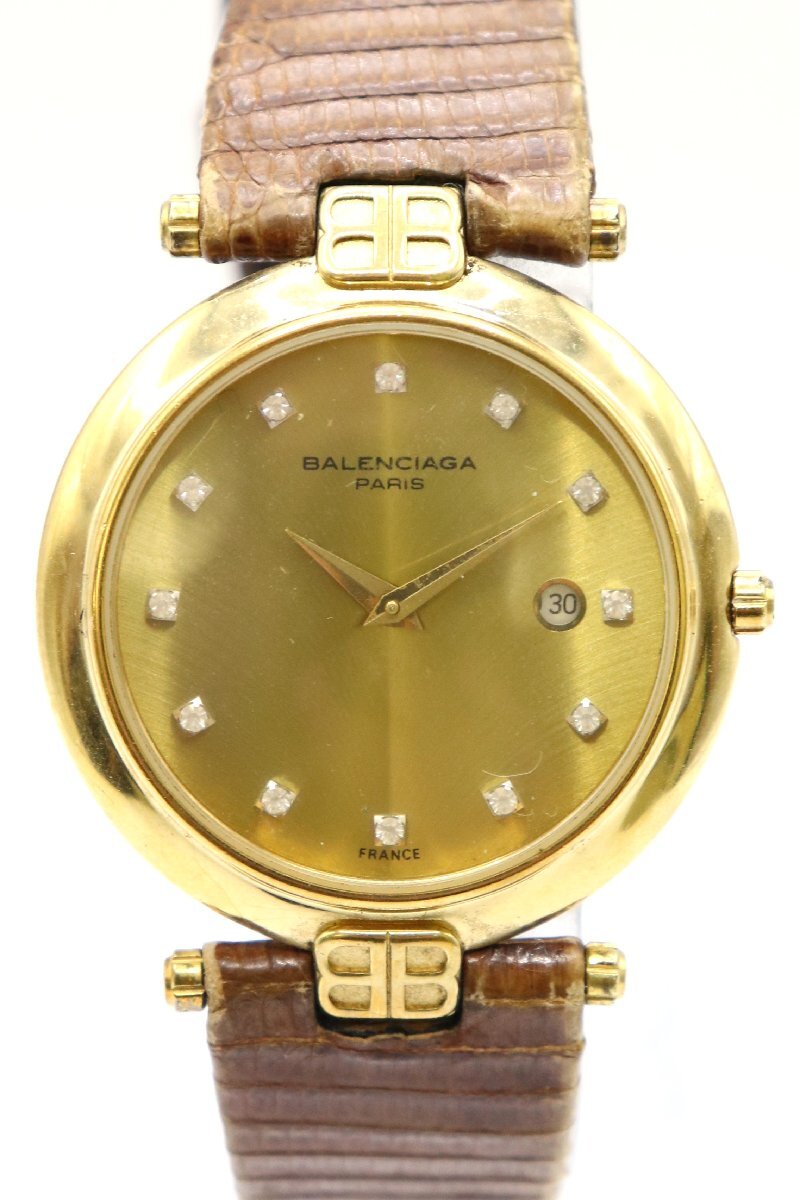 BALENCIAGA バレンシアガ TG88 クォーツ メンズ 腕時計 ラウンド ゴールド文字盤 ラインストーン 12P ヴィンテージ 2790-YO