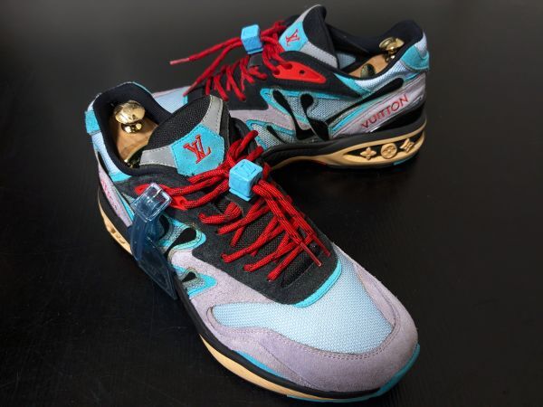 使用少 ヴィトン 7.5 LOUIS VUITTON ♯FD0210 トレイルライン ブルー×パープル コンビレザースニーカー 2204