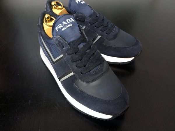 プラダ 8.5 PRADA 濃紺 コンビレザースニーカー 2187