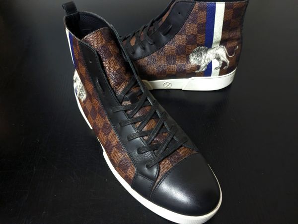 使用少 ヴィトン 9 LOUIS VUITTON ♯FD0186 チャップマンブラザーズコラボ ダミエ ハイカット コンビレザースニーカー 2185