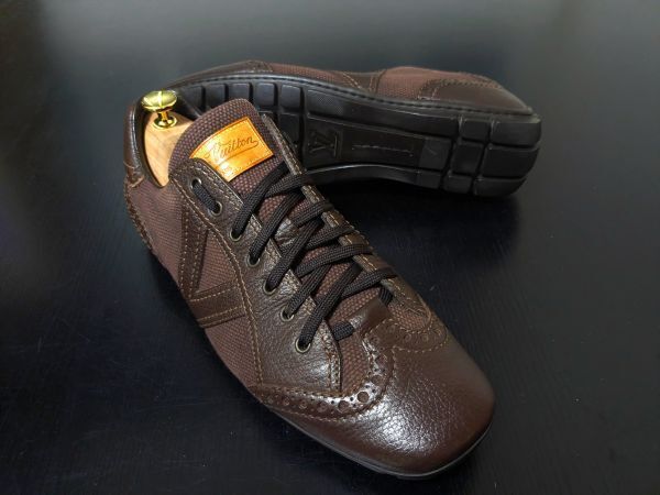 使用僅か ヴィトン 9 LOUIS VUITTON ♯LI0018 スクエアトゥ コンビレザードライビングスニーカー 濃茶 1904