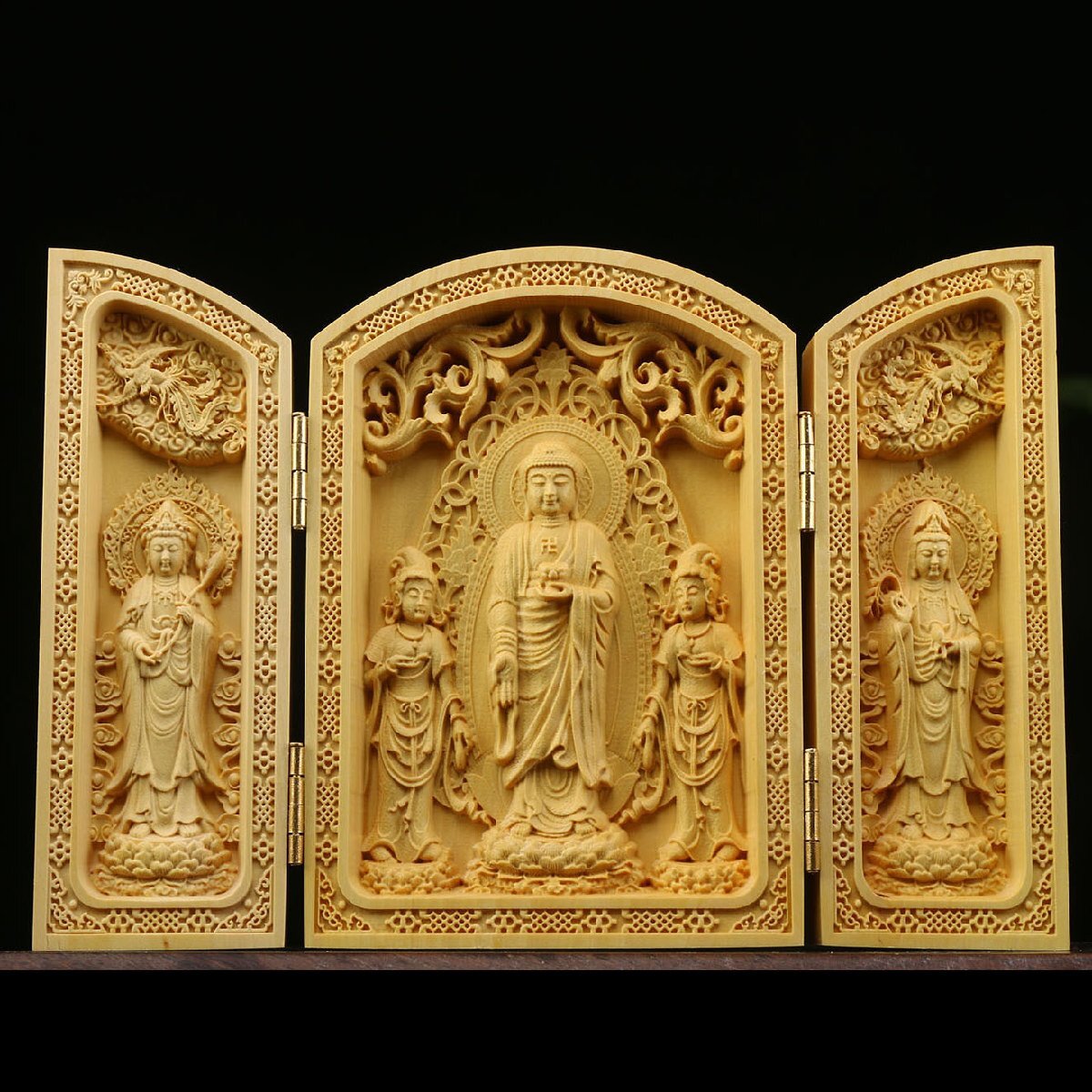 黄楊木彫り 仏像 三開仏【西方三聖1】木彫り ミニ 仏壇 仏箱 仏龕 置物 祈る 厄除 原木 仏教美術 折りたたみ式（高さ約10cm×幅約15cm）