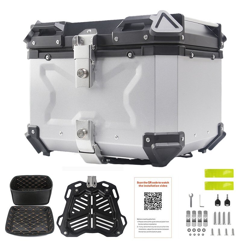 リアボックス モノキーケース バイク用トップケース 取り付け金具付き 容量45L 背もたれパッド別売 収納 ハンドル付き 防水 鍵2本 シルバー