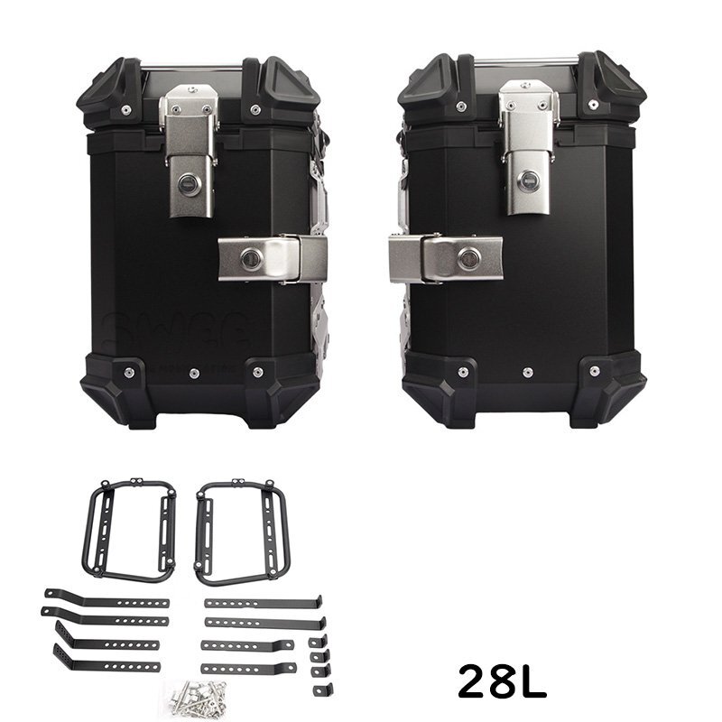 サイドボックス バイク用サイドケース 左右セット(片側28L) サイドキャリア付き アルミ製 パニア ケース 鍵/取付ネジ付き 防水 簡単脱着 黒