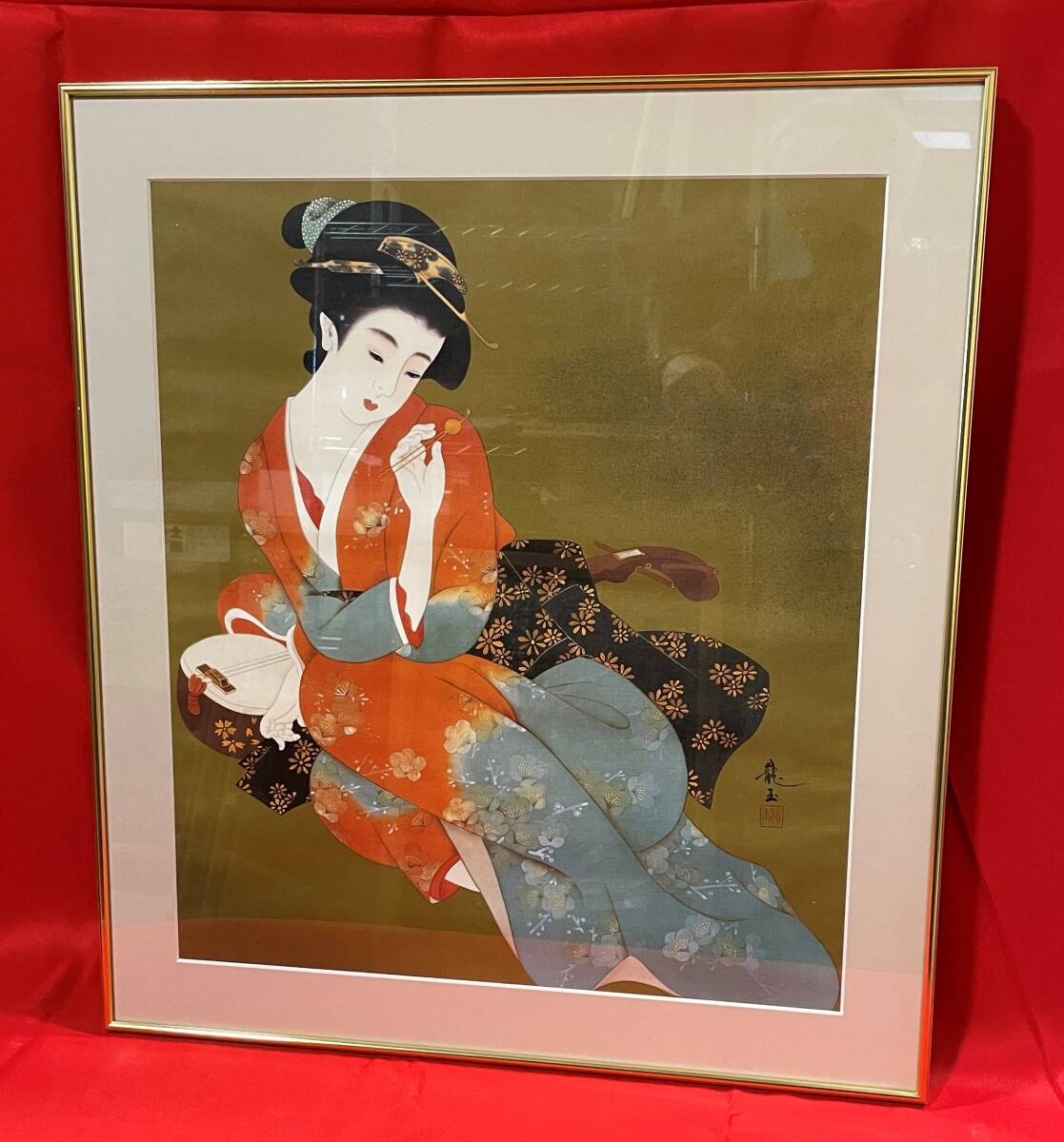 日本画　絹本　美人画　龍玉在銘　詳細不詳（375）
