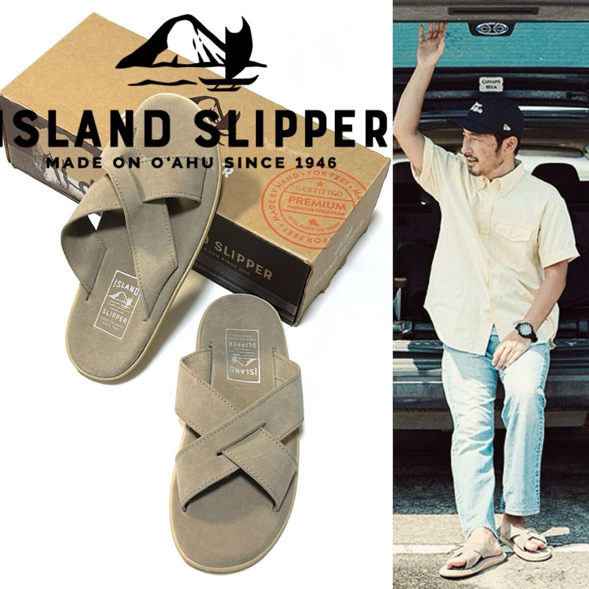 【ISLAND SLIPPER】箱付き未使用◎!!アイランドスリッパ クロスストラップスウェードサンダル スエード レザーサンダル US8.0 JP26.0cm