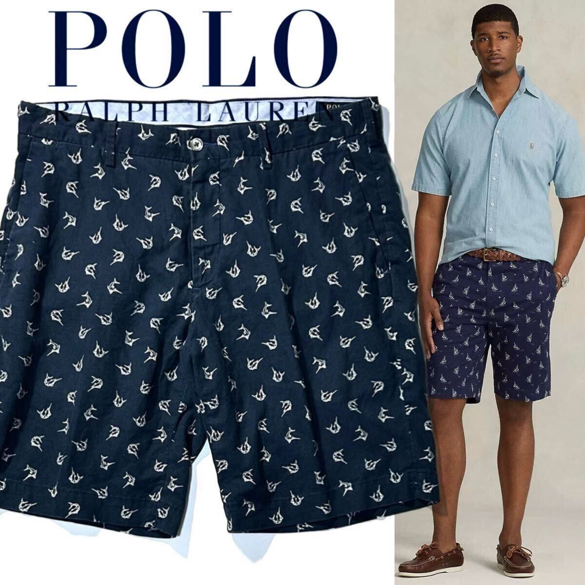 【POLO RALPH LAUREN】デイリーの着回しに◎!!ラルフローレン カジキ柄 リネンコットン クラシックフィットショーツ 総柄 ショートパンツ L