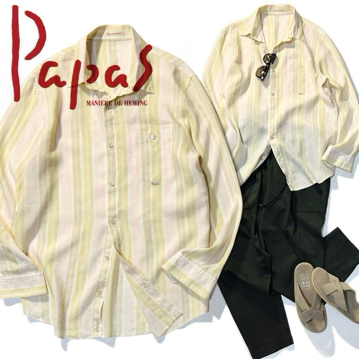 【Papas】大人のための上質な日常着◎!!パパス テンセル混 リネンストライプシャツ オーバーフィット 長袖 BDリネンシャツ L 50 日本製