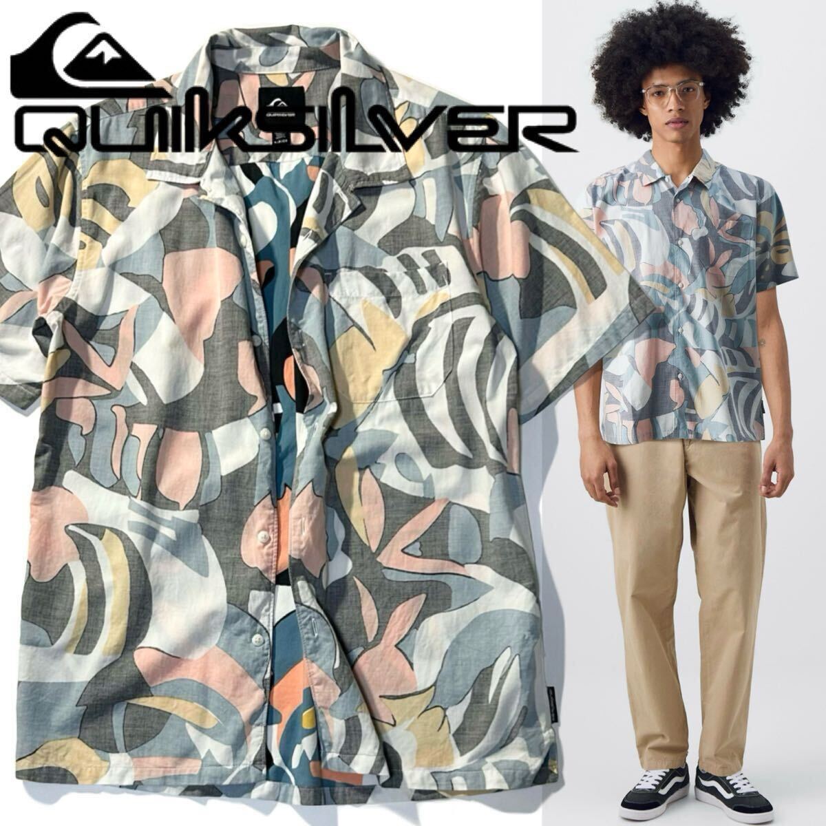【QUIKSILVER】ロンハーマン取扱いブランド◎!!クイックシルバー BEACH CLUB CASUAL SHIRT 総柄プリント オープンカラーシャツ 半袖シャツ