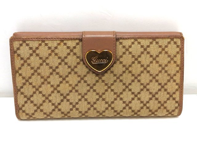GUCCI グッチ 二つ折り 長財布 203550 GG柄 キャンバス ハートプレート Wホック ベージュ×ピンク