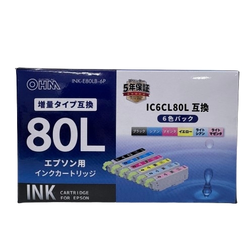 ▲【プリンタインクカートリッジ】エプソン用 IC6CL80L 6色パック OHM 増量タイプ互換 EP 707A/708A/777A/807AB/807AR/807AW/808AB 他★