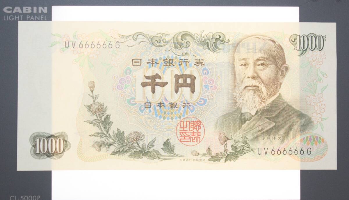 26 現行銭 日本銀行券 C号 1000円札 伊藤博文 旧紙幣 千円札 ゾロ目 珍番 キリ番 UV 666666 G レア 希少 ピン札