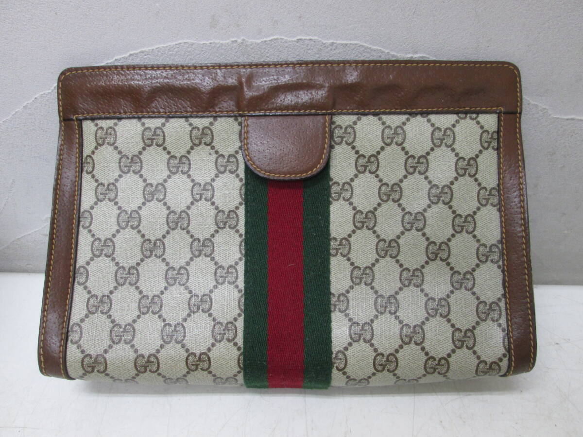 (37)☆グッチ GUCCI セカンドバッグ 014 2125 28 41 PVC×レザー オールドグッチ クラッチバッグ シェリーライン ブラウン系
