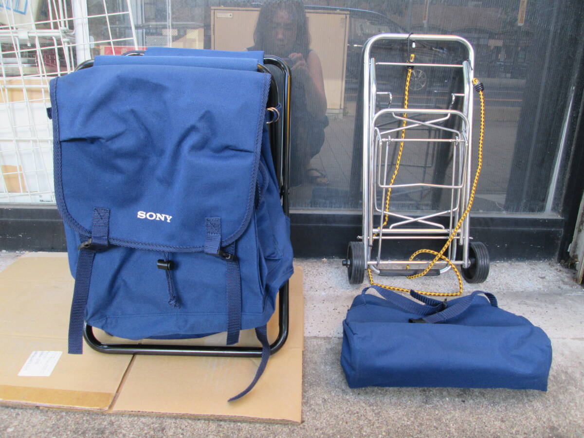 (39)☆SONY ソニー ノベルティ 3点セット 折りたたみ椅子 キャリーカート リュック ブルー 青 ナイロン 軽量　 