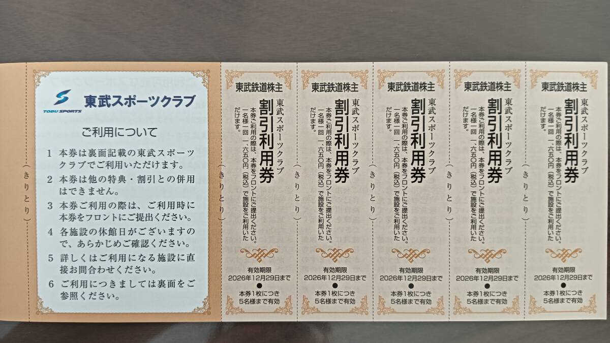 東武鉄道株主優待　東武スポーツクラブ 割引利用券　5枚組