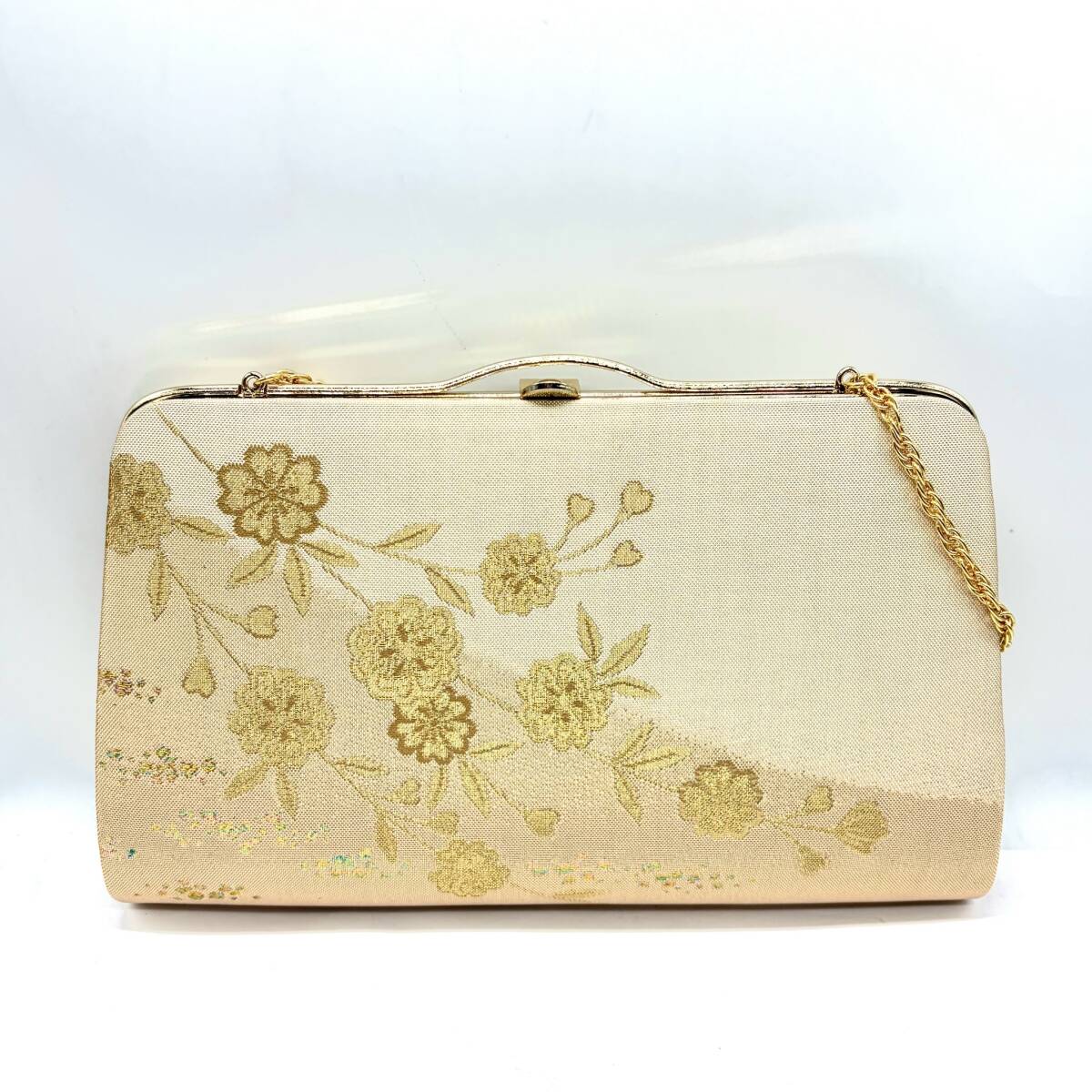 【美品】和装バッグ 和装用 ハンドバッグ ゴールド 金糸 桜 花柄 礼装用 訪問着 留袖 振袖 成人式 結婚式 七五三 チェーン付き 2WAY
